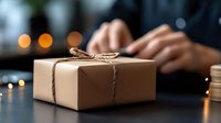 Hands wrapping brown paper gift box with twine string on wooden table with warm bokeh lights creating festive holiday atmosphere for celebrations.