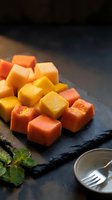 Colorful cheese cubes arranged on dark slate board with fresh mint garnish and fork, appetizer platter for entertaining and gourmet food presentation.