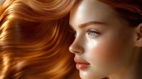 Profile view of young woman with flowing copper hair and blue eyes, natural makeup highlighting freckled skin and glossy lips for beauty advertising.