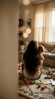 Mother with long dark hair playing with toddler child on living room floor surrounded by colorful wooden toys in cozy home interior with warm lighting.