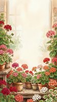 Vintage watercolor geranium flowers in terracotta pots by sunny window frame creating romantic garden scene with copy space for text and design projects.