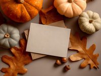 Blank card mockup with colorful pumpkins, autumn oak leaves, and acorns on neutral gray background for seasonal greeting or invitation.