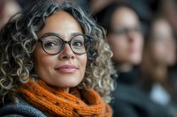 Confident mature woman with curly gray hair and glasses wearing bright orange scarf smiling warmly while attending public event, close up portrait with blurred background.