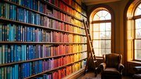 Cozy library interior with colorful books on wooden shelves, ladder, leather armchair and arched windows creating warm reading atmosphere for study spaces.