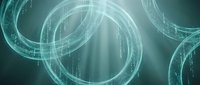 Abstract turquoise digital rings with glowing particles and light effects on gradient background for technology presentations and futuristic designs.