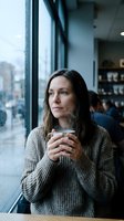 Thoughtful young Caucasian woman in cozy gray sweater holding coffee cup while gazing out cafe window on rainy day, perfect for lifestyle and wellness content.