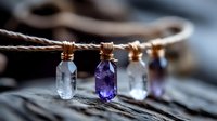 Small glass bottles with crystals and gemstones wrapped in copper wire hanging on twisted rope, creating mystical bohemian jewelry display in soft focus.
