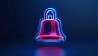 Glowing neon bell shape with blue and pink light effects on dark background, floating with reflection. Modern minimalist design for notification alerts.