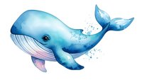 Watercolor blue whale with bubbles isolated on white background for marine themed designs and ocean wildlife illustrations.