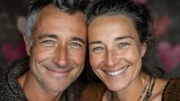 Happy mature couple with gray hair smiling together in warm embrace showing love and connection in golden years of marriage and relationship.