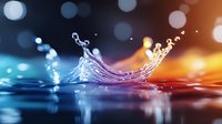Dramatic water splash crown with colorful bokeh lights creating magical atmosphere. Dynamic liquid motion captured in blue and orange tones against dark background.