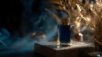 Elegant blue glass perfume bottle on stone pedestal with golden dried flowers and mystical smoke, creating luxurious atmosphere for fragrance advertising.
