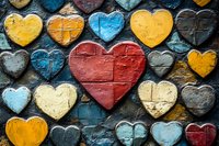 Colorful heart shapes painted on stone wall texture, featuring red, yellow, blue and neutral tones in rustic vintage style, creating romantic artistic pattern.