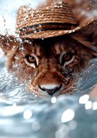 Close-up portrait of wild cat wearing straw hat in water with bokeh effect and splashes, artistic nature photography in brown and blue tones.
