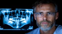 Mature male dentist with gray beard and glasses examining dental x-ray scan on dark background. Professional medical specialist in white coat analyzing panoramic radiograph.