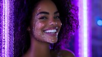 Young African American woman with curly hair smiling brightly against purple neon lighting background, face decorated with glowing sparkles creating magical beauty effect.