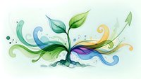 Abstract plant sprout with colorful flowing elements and decorative swirls on light background for eco-friendly design projects and nature concepts.