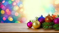 Colorful Christmas ornaments and pine branches on wooden surface against festive bokeh background with glowing multicolored lights.