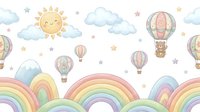 Cute watercolor nursery pattern with rainbows, hot air balloons, smiling sun and fluffy clouds on white background. Seamless design tiles perfectly.