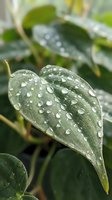 Fresh green leaves with morning dew drops in natural garden setting showcasing water droplets on foliage after rain for botanical and nature themes.