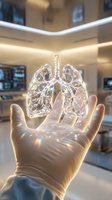 Gloved hand holding transparent crystal lungs in modern medical facility with warm lighting, representing respiratory health, pulmonary care, and medical innovation for healthcare presentations.