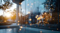 Blurred glass office building exterior with golden bokeh lights and sunset reflection creating atmospheric urban mood. Modern architecture at dusk.