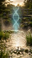 Glowing DNA double helix structure floating above tranquil pond in natural garden setting at golden hour for biotechnology and genetic research concepts.