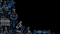 Science laboratory equipment and chemistry symbols in blue line art style on black background with copy space for educational design.