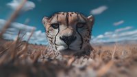 Close-up portrait of cheetah head emerging from tall dry grass against dramatic blue sky with white clouds. African predator watching and hunting in savanna grassland.