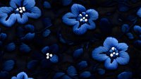 Luminous blue flowers with white stamens glowing against dark background create mystical night garden atmosphere. Macro photography reveals delicate petal texture.