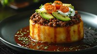 Gourmet polenta cake topped with seasoned ground beef, fresh avocado slices, poached egg, and cherry tomatoes in rich sauce garnished with herbs on dark plate.