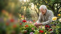 Senior man with white hair and beard tending to red and yellow flowers in lush garden during golden hour sunlight, gardening hobby and outdoor leisure activity.