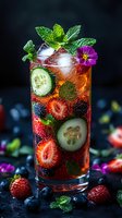 Fresh berry cocktail with cucumber slices, strawberries, blueberries, mint leaves and edible flowers garnish on dark background. Refreshing summer drink.