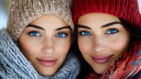 Two young Caucasian women wearing knitted winter hats and scarves with striking blue eyes posing together for portrait in cold weather fashion style.