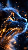 Close-up of cat eye with mystical blue and orange glowing effects, sparks and light trails creating magical feline portrait against dark background.