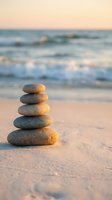Zen stone stack on sandy beach at sunset with ocean waves in background creating peaceful meditation and balance concept for wellness and mindfulness practices.