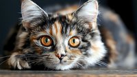 Adorable tortoiseshell kitten with bright orange eyes lying down, showcasing beautiful calico fur patterns and alert expression for pet photography.