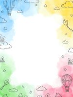 Watercolor frame with hot air balloons, kites, clouds and stars on white background. Childlike border design for invitations and greeting cards.