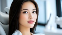 Young Asian woman with natural makeup and straight dark hair looking at camera with confident expression against blurred office background.
