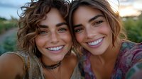 Two young Caucasian women with radiant smiles taking selfie outdoors at sunset, wearing casual summer attire and natural makeup, expressing joy and friendship.