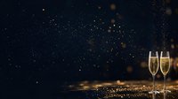 Champagne glasses with sparkling particles and bokeh lights on dark background, suitable for celebration, New Year, wedding, and festive event designs.