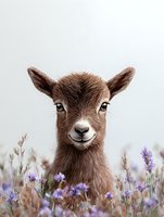 Young brown baby goat with bright eyes smiling among purple lavender flowers on light background, close up portrait in soft natural lighting.