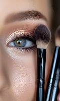 Close-up of blue eye with shimmering rose gold eyeshadow makeup and professional makeup brush showing application technique for cosmetic artistry.