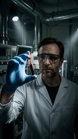 Male scientist in laboratory coat and safety glasses examining blood sample in modern research facility for medical testing and analysis.