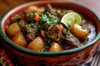 Hearty beef stew with tender meat chunks, potatoes, carrots and fresh herbs in rustic ceramic bowl garnished with lime and cilantro, comfort food photography.