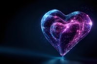 Glowing cosmic heart shape with blue and purple light trails against dark background, sparkling particles creating ethereal valentine symbol floating in space.