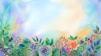 Watercolor floral border with vibrant blooms, swirling leaves, and ornamental spirals in pastel tones. Isolated design element suitable for invitations, greeting cards, and decorative backgrounds.