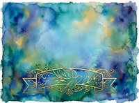 Watercolor background with ornate gold decorative banner featuring flourishing botanical elements, ideal for invitations, greeting cards, and design projects.