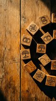 Wooden cubes with engraved symbols scattered on rustic wood planks surface for crafting projects and creative design applications.