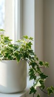 Pothos plant with trailing green and white variegated leaves in white ceramic pot on windowsill with natural light, suitable for home decor and interior design projects.